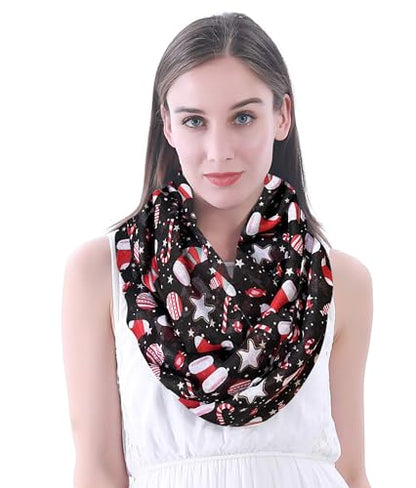 Lina & Lily Holiday Christmas Pattern Print Women's Infinity Scarf Lightweight - color: Black Red White, Sock Candy Star