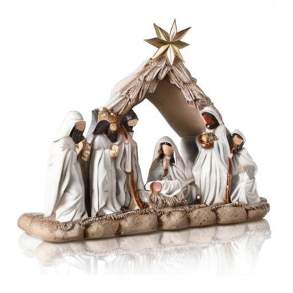 Nativity Scene with LED String Lights, Christmas Nativity Set Tabletop Decoration First Christmas Story Resin Figure Holy Family Manger Lighted Sculpted Hand Painted Figurine for Xmas Indoor Decor
