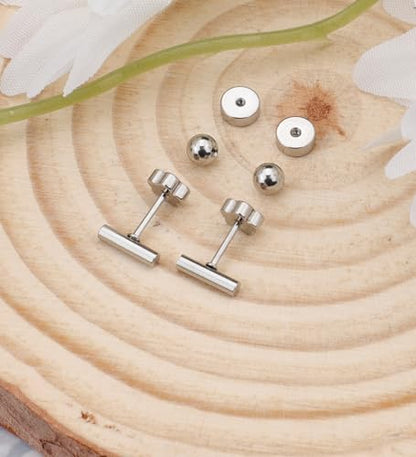 Enticera 14K Gold Stud Earrings for Women 20g Leaf Cross Bar Handmade Flat Back Earrings Hypoallergenic Nap Screw Back Cartilage Earrings Tragus Helix Piercing Jewelry - color: Silver Tone, style: Bar