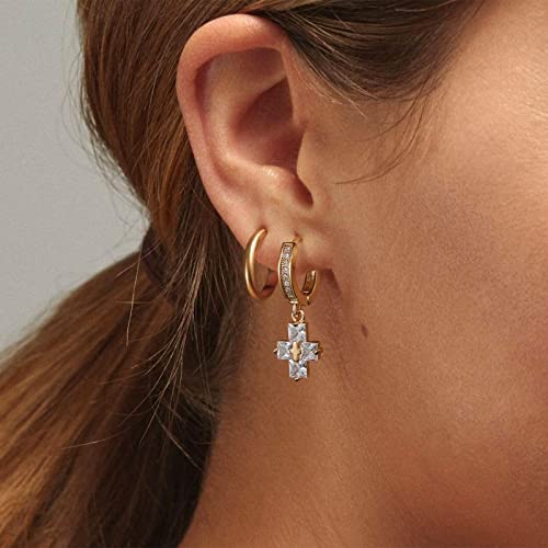 KissYan 14K Gold Plated Huggie Earrings for Women, S925 Sterling Silver Small CZ Cross Hoop Dangle Drop Earrings, Hypoallergenic Dainty Handmade Jewelry - style: Baguette Cross