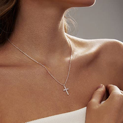 Zeffy Cross Necklace for Women,18K Gold/Silver Plated Tiny Cubic Zirconia Cross Pendant Necklace for Women Simple Layered Cross Necklaces for Women - color: Silver