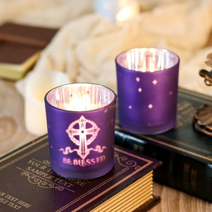 SHMILMH Easter Decorations for Religious Home Decor, He is Risen Decor Table Centerpiece, Christian Easter Decor Frosted Glass Votive Tealight Candle Holders Set of 4