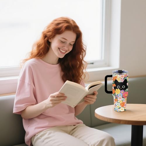 Black Cat & Floral Tumbler 40oz with Handle and Straws, Gifts for Women - color: Cat1