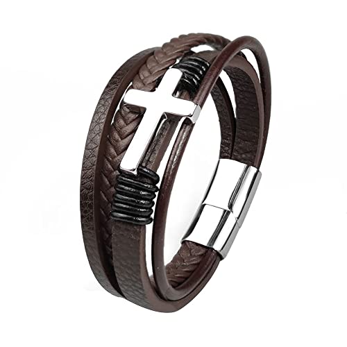 Mens Brown Leather Bracelet Multi-Layer Braided Leather Cross Bracelet Religious Confirmation Gifts - color: Brown Leather Silver Cross