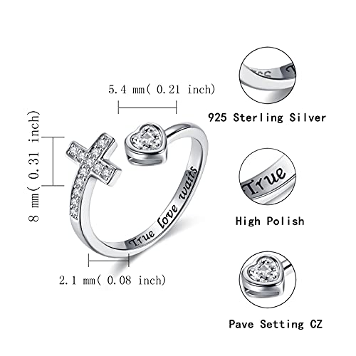 APOTIE 925 Sterling Silver Cross Ring - True Love Wait Purity Ring Cubic Zirconia Adjustable Ring Jewelry Gift for Women - style: True Love Wait