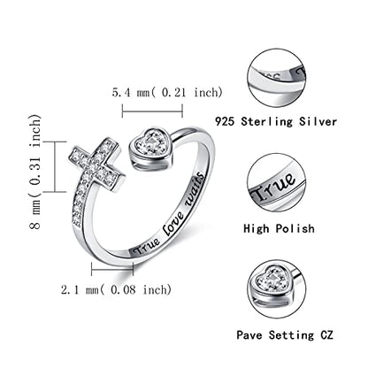 APOTIE 925 Sterling Silver Cross Ring - True Love Wait Purity Ring Cubic Zirconia Adjustable Ring Jewelry Gift for Women - style: True Love Wait