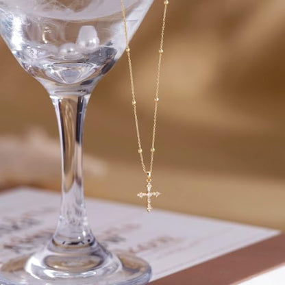 Cross Necklace for Women,14K Gold Plated Cross Pendant Necklace Jewelry - color: GD-Beads