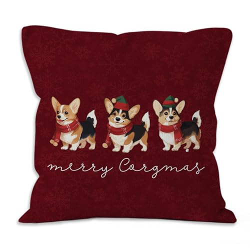 Corgi Christmas Throw Pillow Covers 18x18, Red Snowflake Corgis Dog Christmas Decorative Decorations Pillow Covers for Home Bedroom, Corgi Dog Gifts for Women - color: Corgi