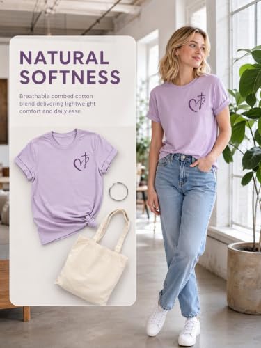Muicy Women's Cross Heart Print Cotton Christian T-Shirts Religious Christian Tops for Summer Church 2026 - color: Purple, size: X-Large
