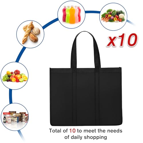 Reusable Grocery Shopping Bags 10 Pack Large Foldable Tote Bags Bulk - color: Black