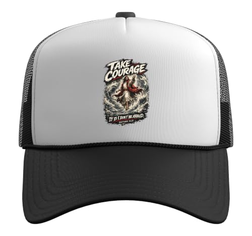 Take Courage It is I. Don't Be Afraid Bible Verse Art Trucker Hat with Adjustable Mesh Back - color: Black/White