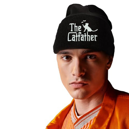 Cat Dad Beanie Hat Winter Cuffed Knit Hat Skull Watch Cap Embroidery Fisherman Beanies for Women Men Unisex - color: Cat Dad