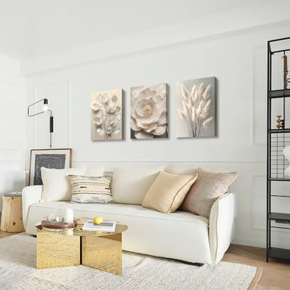 WENGTIAO 3Pcs Beige Floral Botanical Frame Canvas Wall Art 16"x24"x3 - color: Flower-White botanical, size: 16"x24"x3Pcs