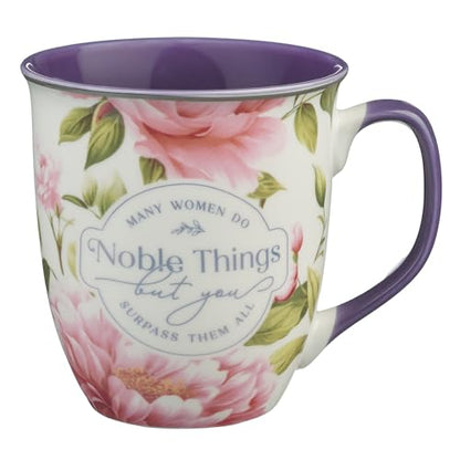 Christian Art Gifts Large Ceramic Scripture Coffee & Tea Mug for Women - color: White & Purple/Noble Things