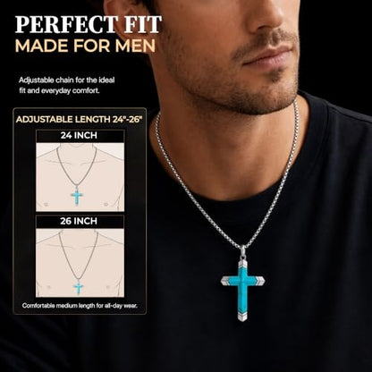 Lapis Lazuli/Amethyst Cross Necklace for Men Waterproof and Sweat-Resistant Suitable for both men and women With Adjustable Box Chain Christian Jewelry Father Day Gifts for Men - color: Sky Blue&Silver