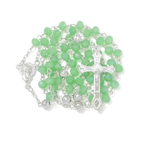 KOMI Crystal Rosary Beads with Jesus Crucifix, Catholic Necklace for Women First Communion Rosarios Wedding Rosary with Velvet Bag - style: 6MM-green