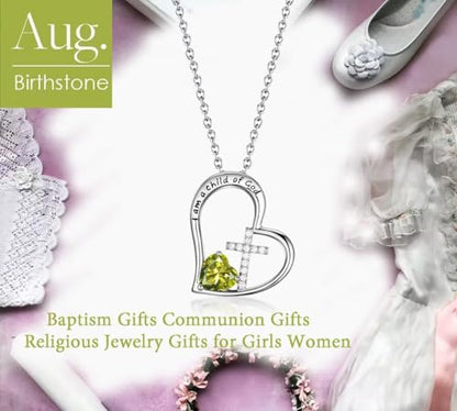 Birthstone Cross Necklace for Girls, Child of God Cross Gifts Jewelry - color: 08. August, style: 01. Silver