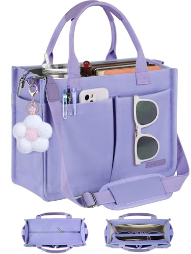 FIORETTO Womens Canvas Tote Bag Purse with Individual Compartment, Zipper Top, Reinforced Bottom & Luggage Sleeve - color: Lavender Purple, size: X-Large