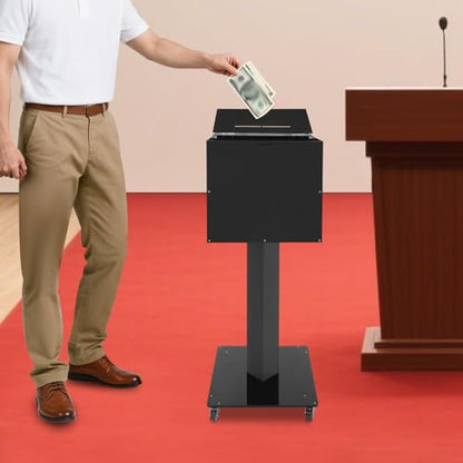 Suggestion Box with Lock and Key Donation Box with Stand and Wheel Acrylic Ballot Box Standing Offering Box for Church, Office, Voting (Black, Bar Hole) - color: Black, size: Bar Hole