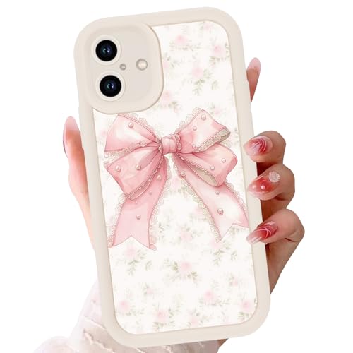 Pink Bow Phone Case for iPhone 16 6,1", Aesthetic Cute Floral Ribbon Bowknot Girly Design Shockproof Soft Silicone Drop Protection for Women Girls Cover, White - color: white, size: for iPhone 16