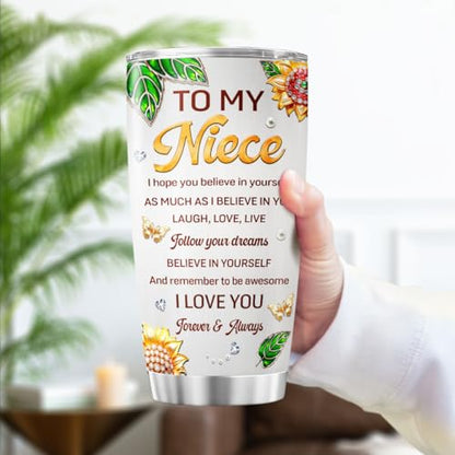 To My Niece 20oz Insulated Tumbler with Sunflower Design, Inspirational Birthday Gift for Niece from Aunt or Uncle, Stainless Steel Vacuum Cup for Graduation, Christmas, Valentine's Day - color: Niece Love