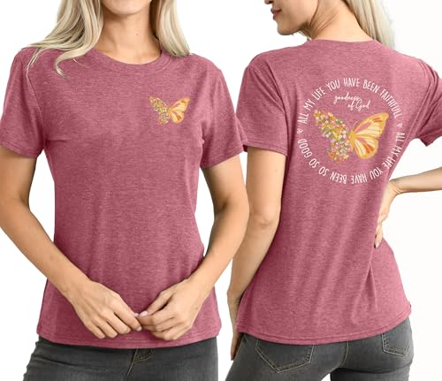Christian Shirt for Women :Butterfly Graphic Shirts Bible Verse Tshirt Good Ness of God Tee Tops - color: Pink, size: Small