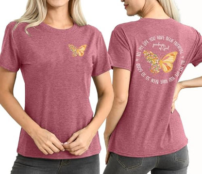 Christian Shirt for Women :Butterfly Graphic Shirts Bible Verse Tshirt Good Ness of God Tee Tops - color: Pink, size: X-Large