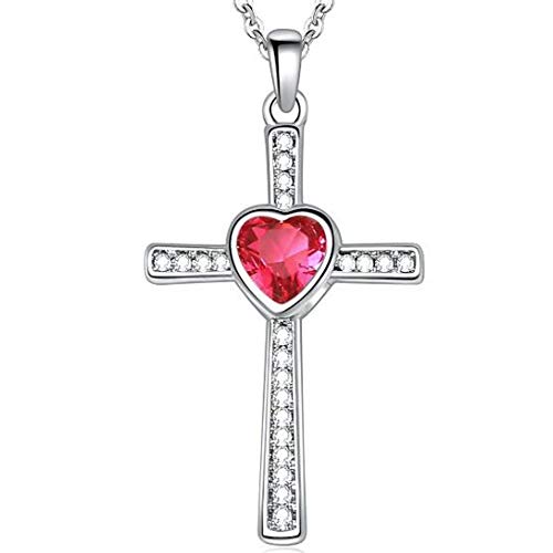 JUDE Stainless Steel Heart Birthstone Cross Statement Wedding Cocktail Party Pendant Necklace - color: Jul-Ruby