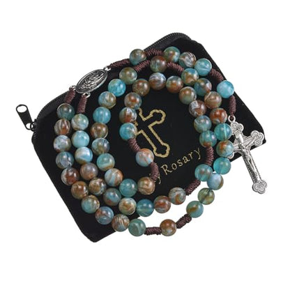 10mm Brown Beads Catholic Rosary Handmade Braided Rosaries with Curcifix Cross and Holy Mary Medal Amulet Rosary Beads Necklace for Women Men - color: Blue