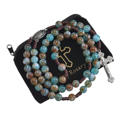10mm Brown Beads Catholic Rosary Handmade Braided Rosaries with Curcifix Cross and Holy Mary Medal Amulet Rosary Beads Necklace for Women Men - color: Blue