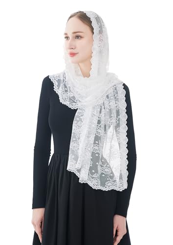 Wgior Catholic Chapel Veil – Floral Mantilla Head Covering for Church, Prayer, and Modesty – Soft Rectangular Shawl - color: White