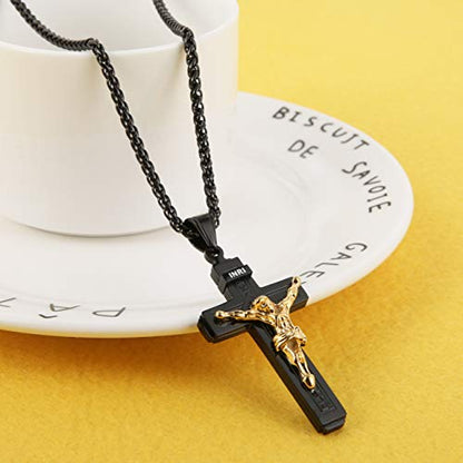 HZMAN Catholic Jesus Christ INRI Cross Crucifix Pendant Necklace for Men - color: Black