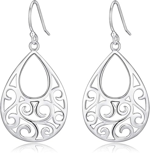 Sterling Silver Plated Dangle Earrings for Women, Oxidized Filigree Boho Vintage Jewelry, Lightweight Drop Earrings, Floral Peacock Angel Wing Leaf Designs, Gift for Women - color: Peacock Dangle Drop