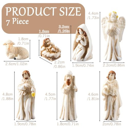 7Pcs Miniature Nativity Sets for Christmas Indoor Set, Classic Nativity Scene Resin Figurines Set, Nativity Tiny Figures Set for Religious Decorations Collection Gifts