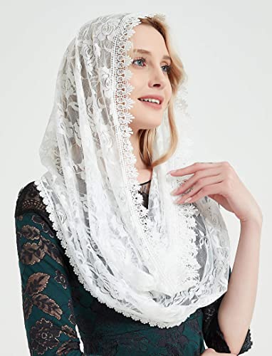 YHDDYG Infinity Veil for Catholic Mass Lace Infinity Scarf Church Veil for Girls Mantilla Infinity Veils Roses S97 - color: Ivory Infinity