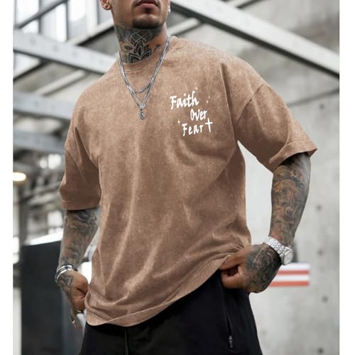 Christian Shirts for Men Faith Over Fear Acid Wash Tshirts Faith Religious Tees God Bible Verse Inspirational Tops - color: Coffee, size: Small