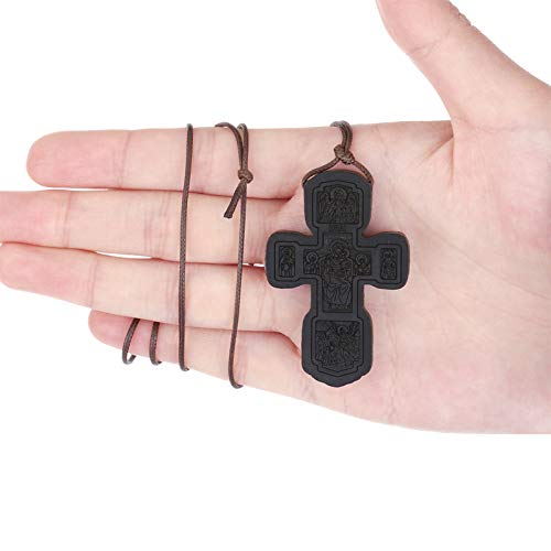 COTTVOTT Wood Orthodox Cross Pendant Necklace Christian Crucifix Necklace Prayer Jesus for Women Men - style: C-Black Color
