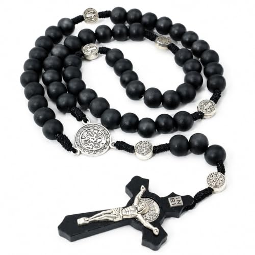 Wooden Rosary Beads, Rosarios Catolicos with Metal Cross for Men & Women - color: Pine Black