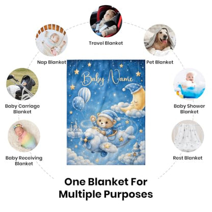 Custom Baby Blanket for Boys, Personalized Baby Blanket with Name for Gift - color: Cute Little Bear - Airplane