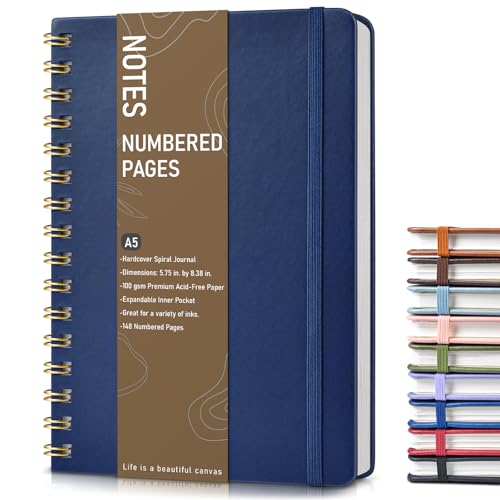 Lined Spiral Journal Notebook, A5 Hardcover Spiral Journals for Women Men, 150 Numbered Pages Spiral Bound Notebook, 100 GSM College Ruled Notebooks for Writing Note Taking 5.75" x 8.38", Navy Blue - color: Navy Blue