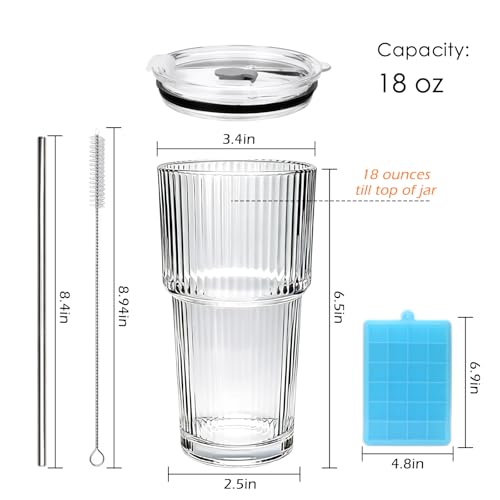 Accguan 2Pack 20oz Ribbed Glass Tumblers with Lids and Straws, Smoothie Cup - size: 18oz without handle-2pcs