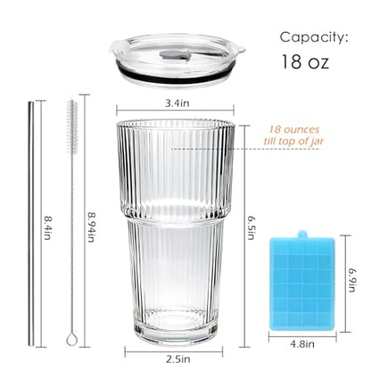 Accguan 2Pack 20oz Ribbed Glass Tumblers with Lids and Straws, Smoothie Cup - size: 18oz without handle-2pcs