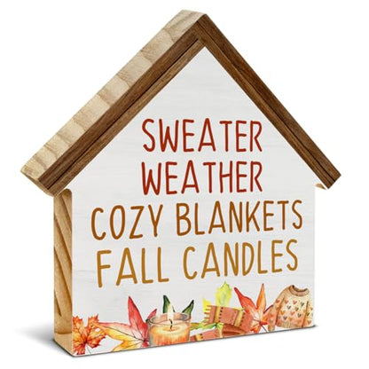 Fall Home Decor, Sweater Weather House Shaped Wood Block Sign - color: Sweater