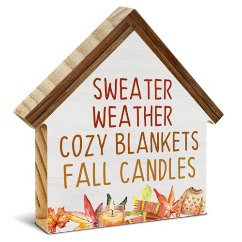 Fall Home Decor, Sweater Weather House Shaped Wood Block Sign - color: Sweater