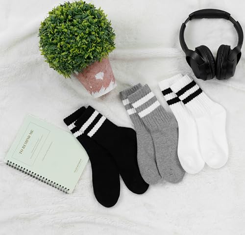 BomKinta Womens Striped Crew Socks Retro Above Ankle Cotton Sock Size 5-10 - color: 3 Pairs-black White Grey