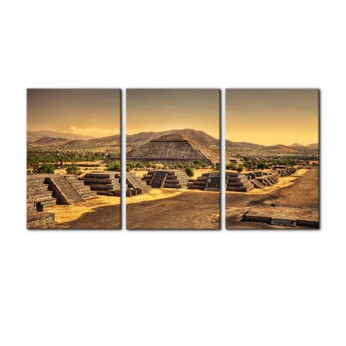 Pacimo 3 Pieces Ancient Mexican Canvas Paintings Aztec Pyramids Pictures Mayan Temple Modern Artwork for Living Room Canvas Wall Art Poster Home Decor Stretch and Framed Ready to Hang - 16"x24"x3 - color: Wallart-07, size: 16"x24"x3 Panels