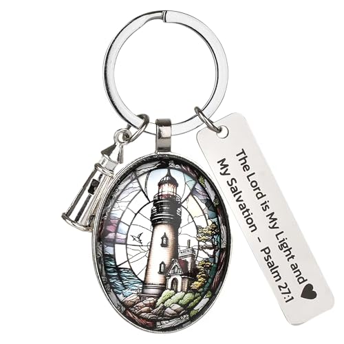 3D Glass Lighthouse Keychain with Bible Verses,Christian Gifts for Women Faith - color: Psalm 27:1