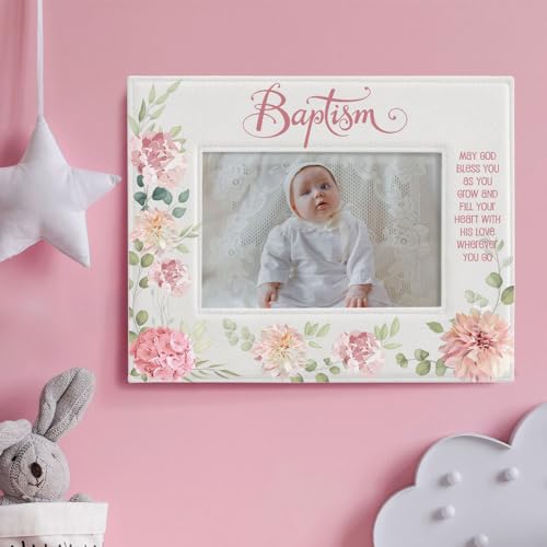 KATE POSH Baptism Picture Frame for Girl, Pink Flowers Decor, Christening, Religisous Gift, From Godparents, New Baby (4x6-Horizontal) - size: 4x6-Horizontal