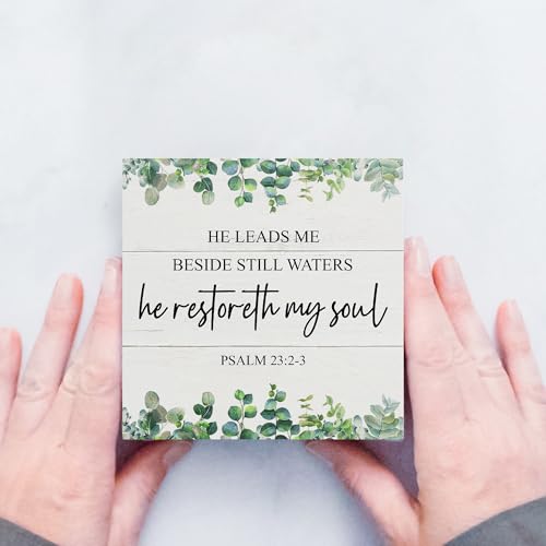 Bible Verse Decor for Home Office Church, Scripture He Leads Me Beside Still Waters He Restoreth My Soul, Religious Wooden Sign 5x5 Inches - color: Orange