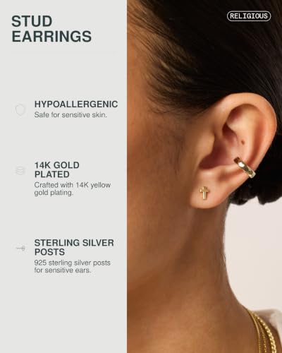 PAVOI 14K Gold Plated 925 Sterling Silver Posts Cross Earrings for Women | Small Religious Faith Cubic Zirconia Cross Studs Huggies Earrings - style: Plain Stud